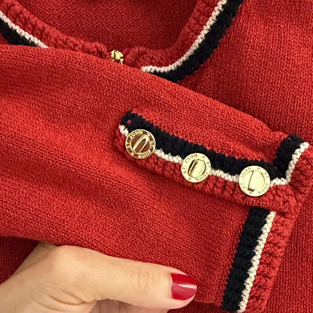 St John Collection red navy gold button hardware zip front knit sweater 2 - Picture 6 of 10